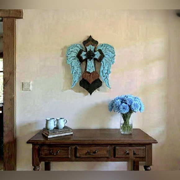 Wooden Angel Wings Cross Blue Brown and Black Cross With Wings Wall Decor